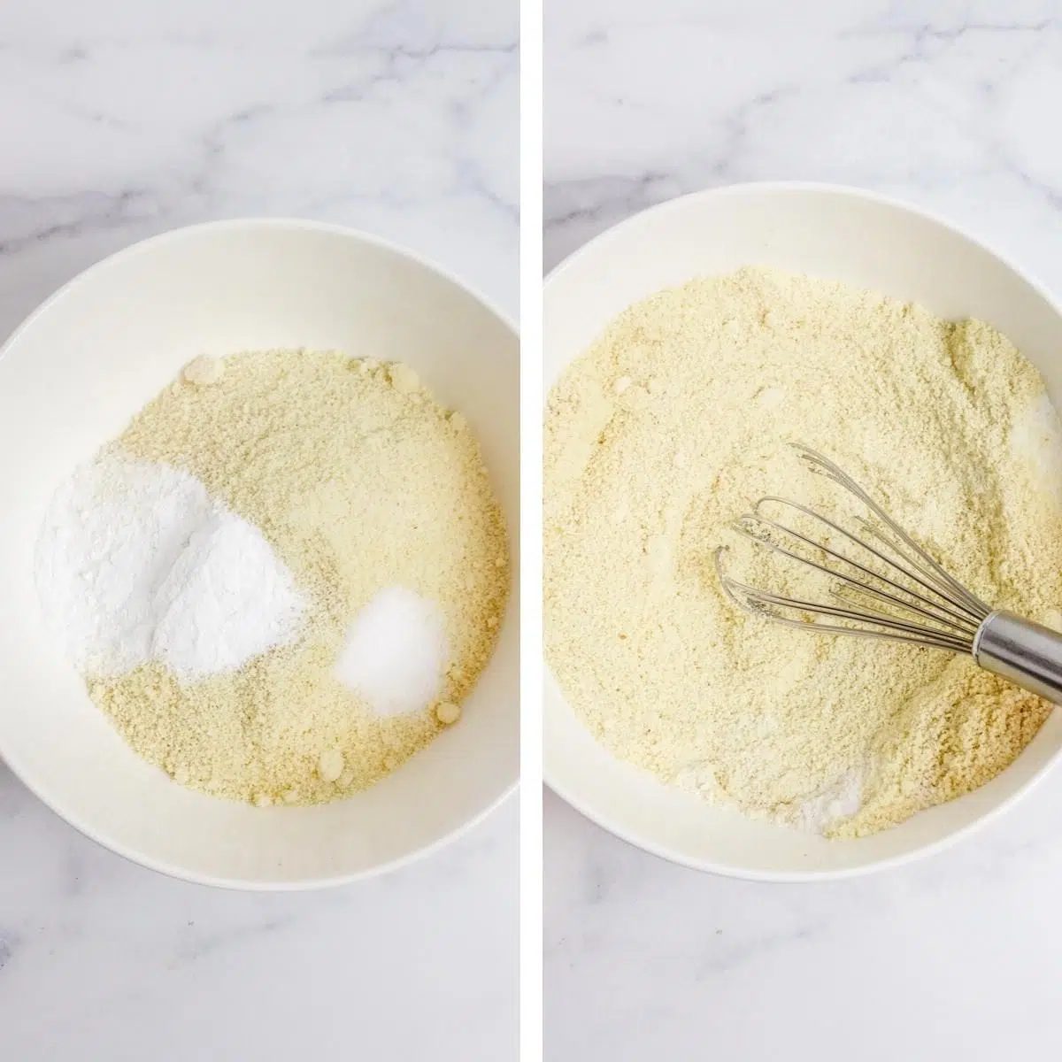 two photo collage showing almond flour, baking powder and salt in a white bowl, getting whisked