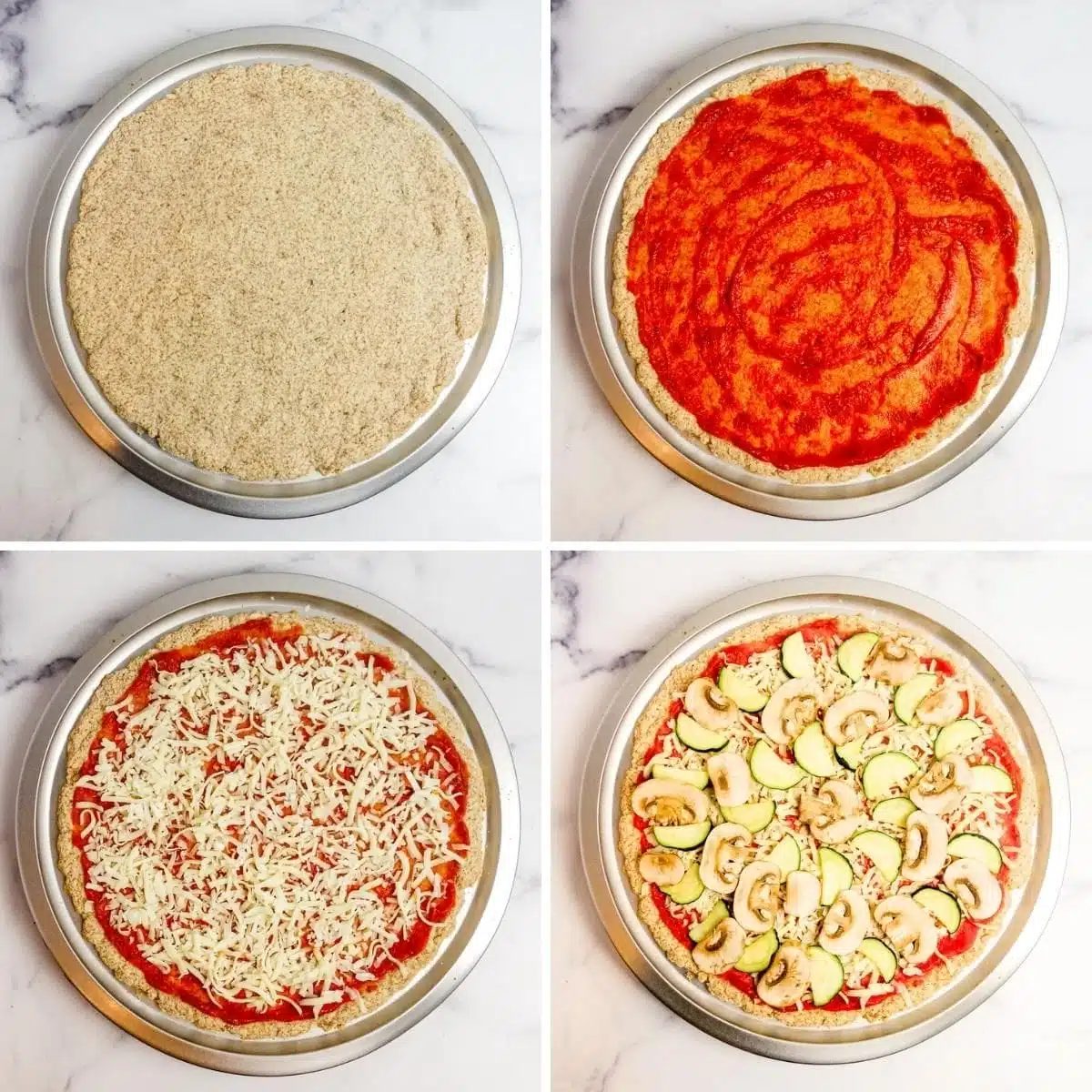 4 photo collage of the assembly of toppings for almond flour pizza crust