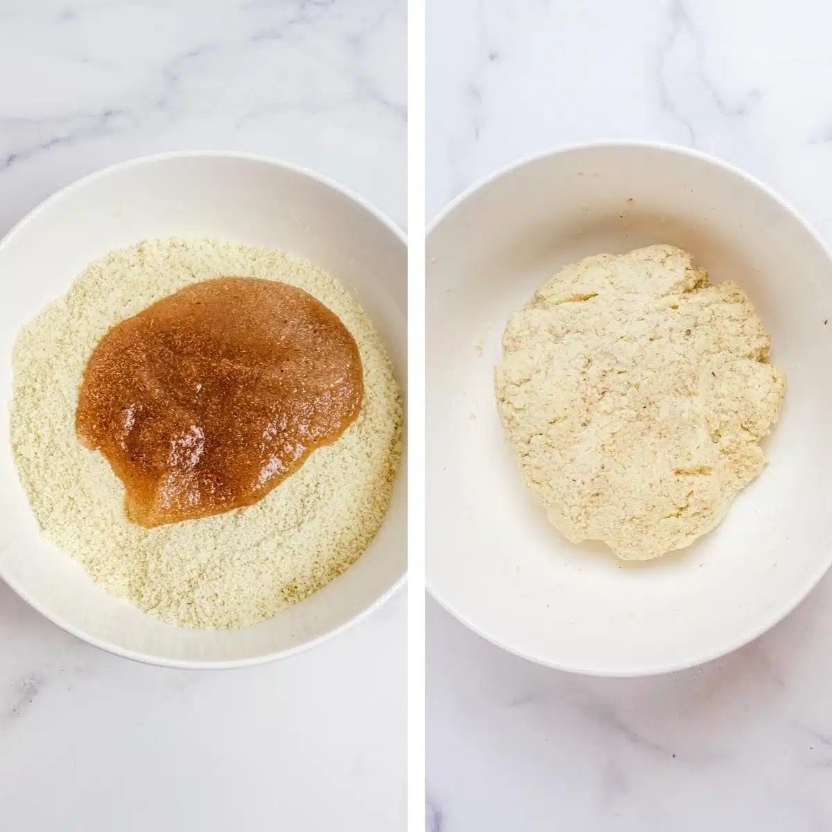 two photo collage showing psyllium gel added to almond flour to make 3-ingredient almond flour pizza crust