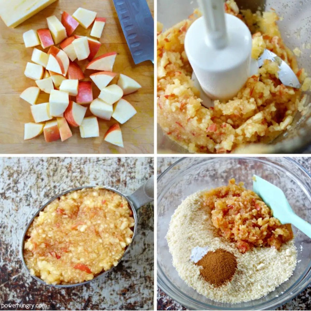 4 photo collage showing how to make apple puree for fresh apple almond flour cookies