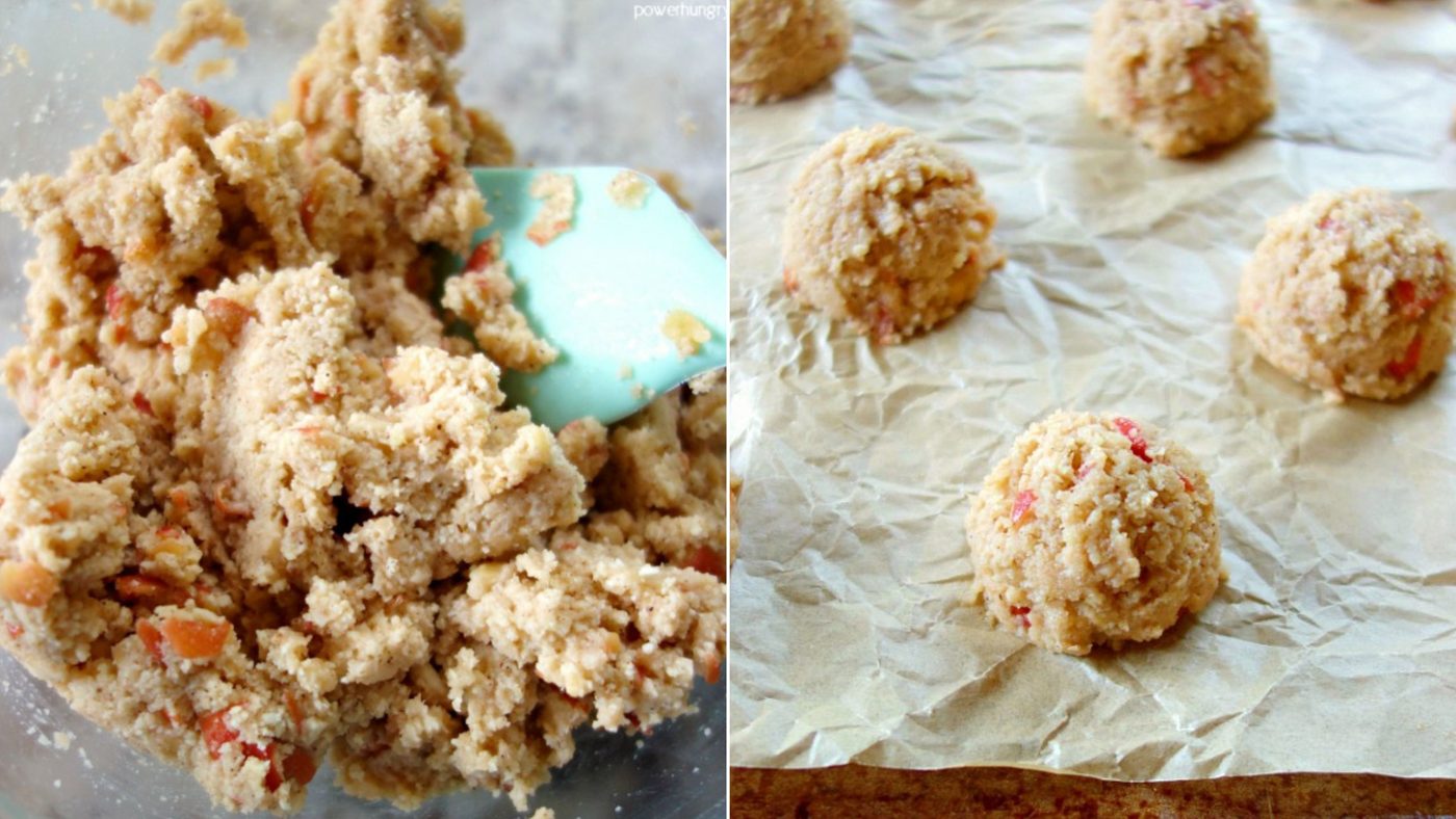 2 photo collage showing dough for apple almond flour cookies