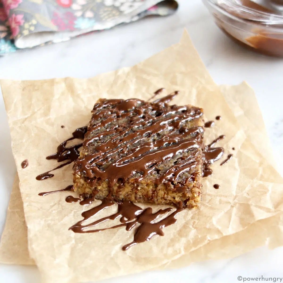 Banana flax bars with a light dark-chocolate drizzle