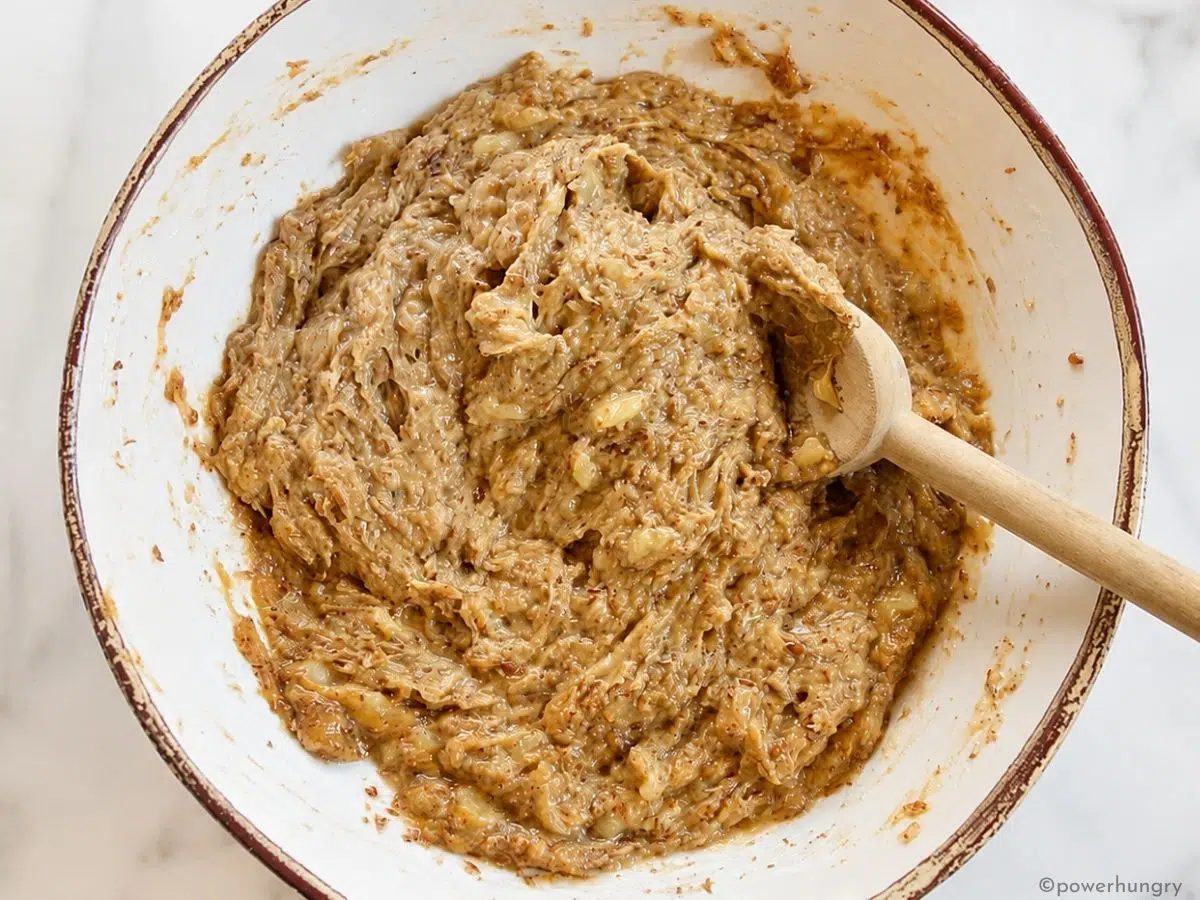 Thick banana flax bar batter mixed in a bowl