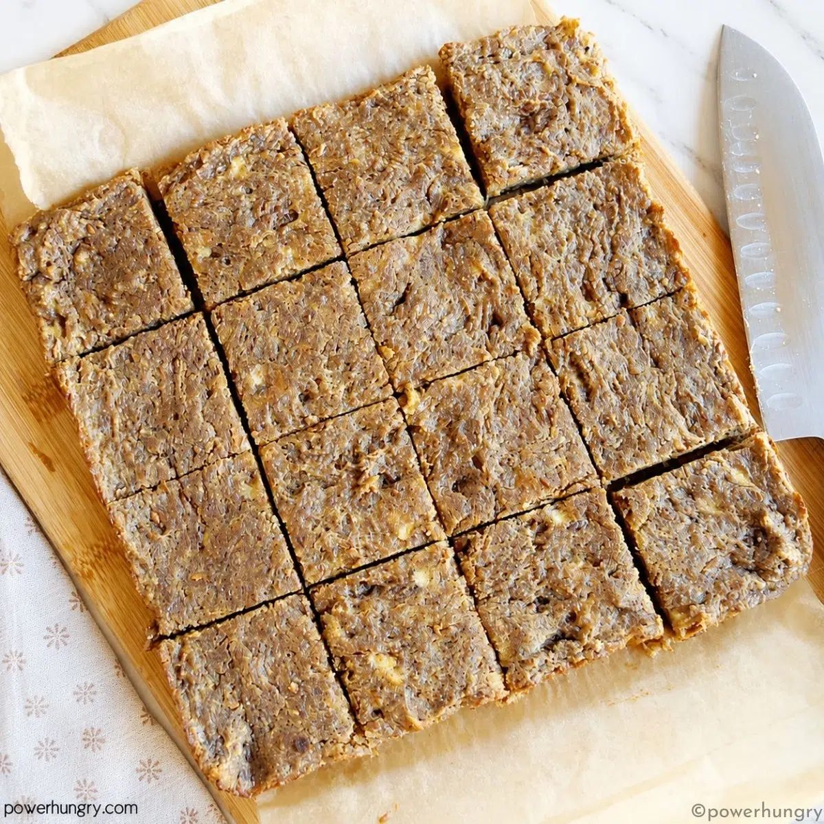 Chilled banana flaxseed bars cut into small squares