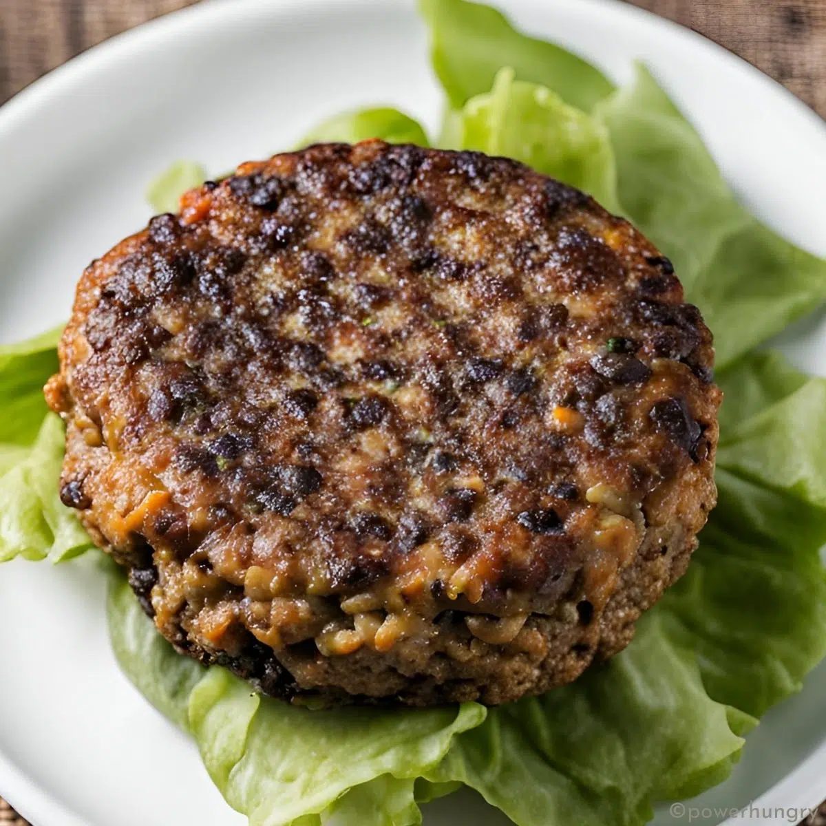 a single 3 ingredient bean burger atop lettuce on a white plate