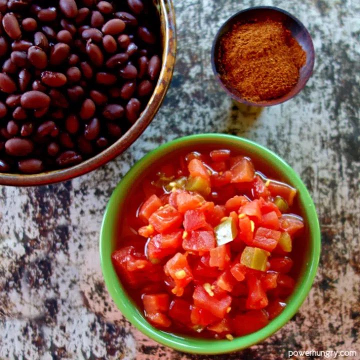 overhead shot of the ingredients for 3-ingredient black bean chili