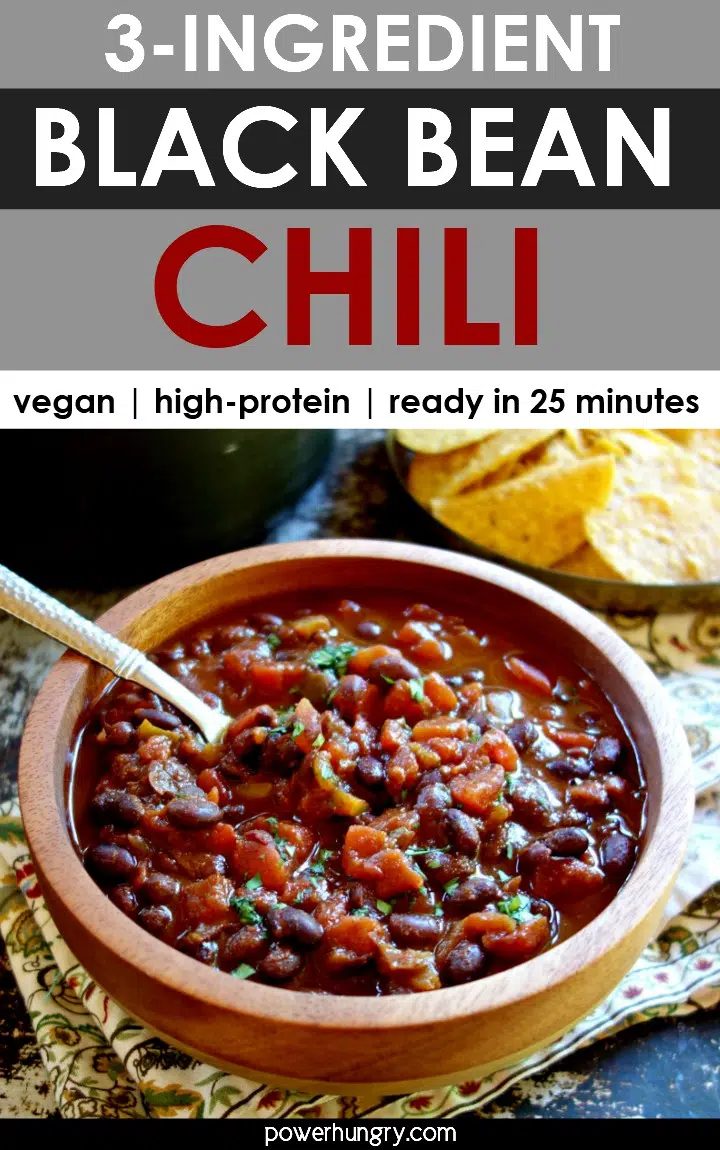 wooden bowl full of 3-ingredient black bean chili