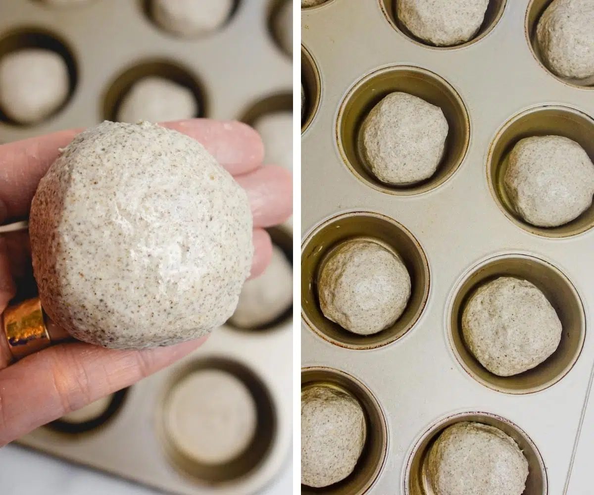 2 photo collage showing how to roll chia at flour dough into balls.