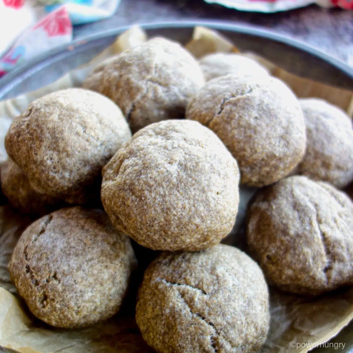 an antique pie pan filled with chia oat rolls