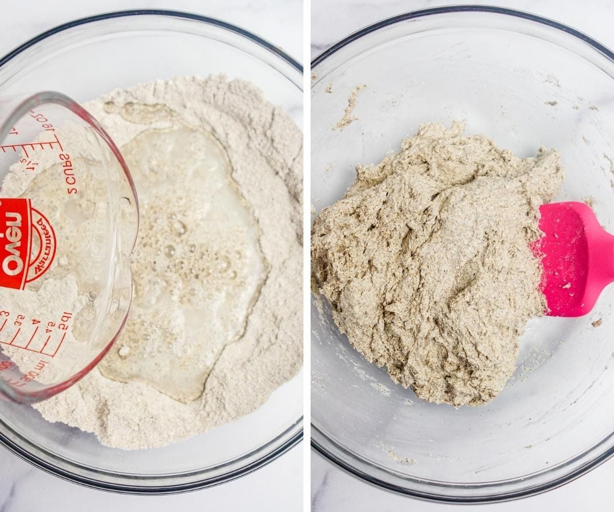 2 photo collage showing water being added to make make the chia oat roll dough.