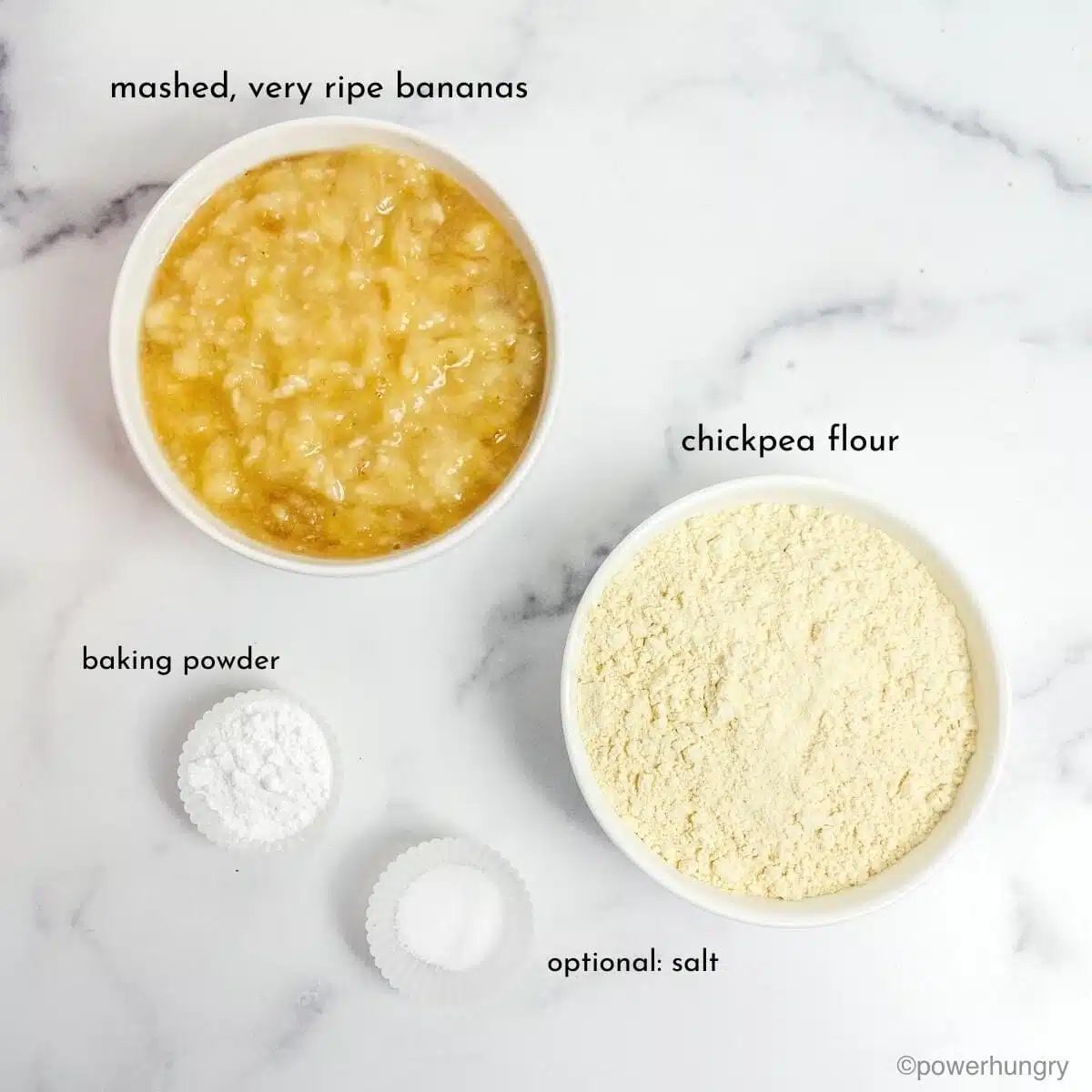 ingredients for vegan banana muffins on a white background