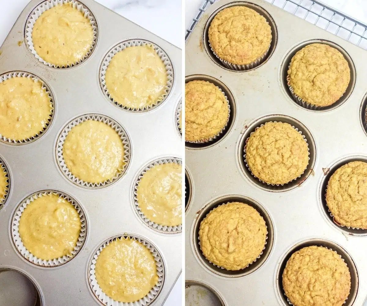 muffin tin filled with muffin batter, and a muffin tin filled with baked muffins