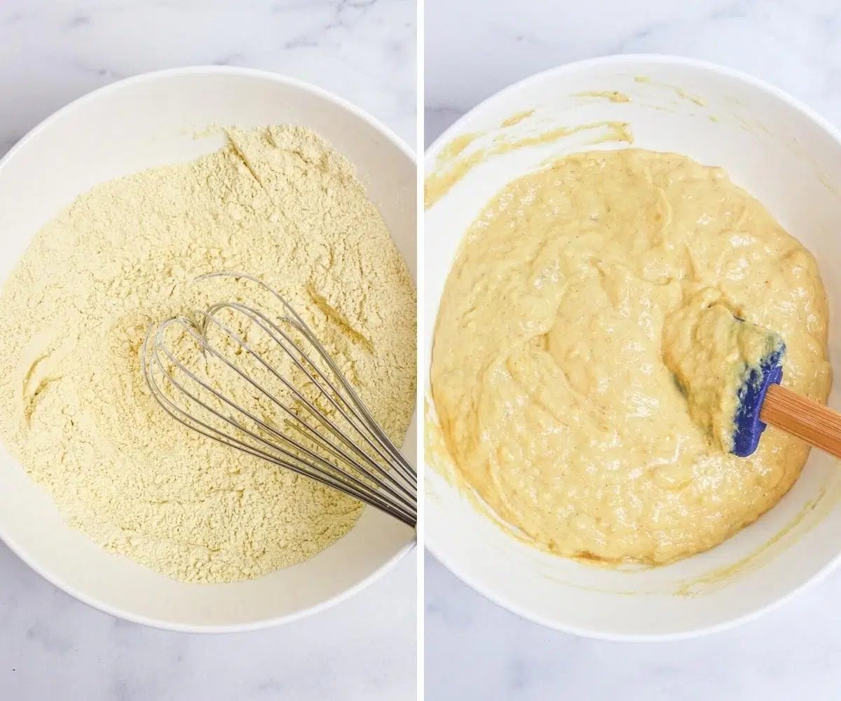 chickpea banana muffin batter being mixed in white bowls