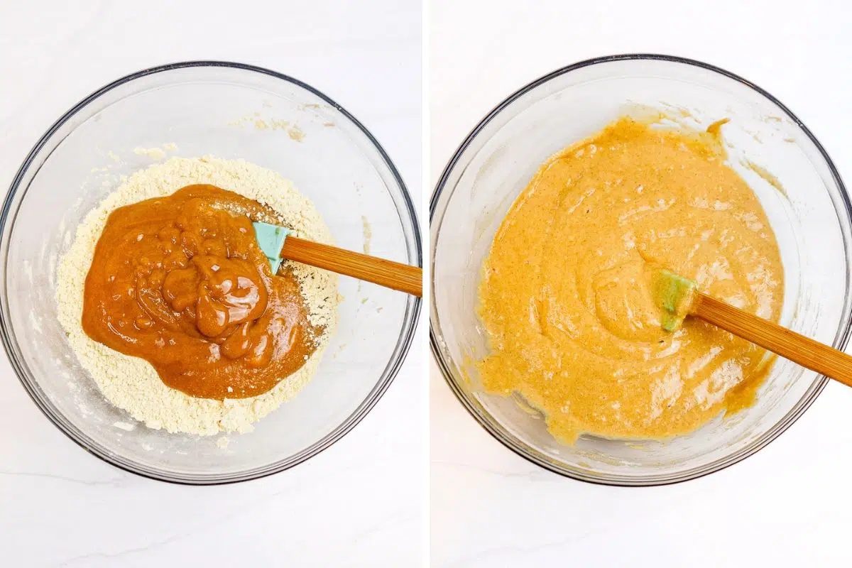 two photo collage showing how to make chickpea flour date muffin batter
