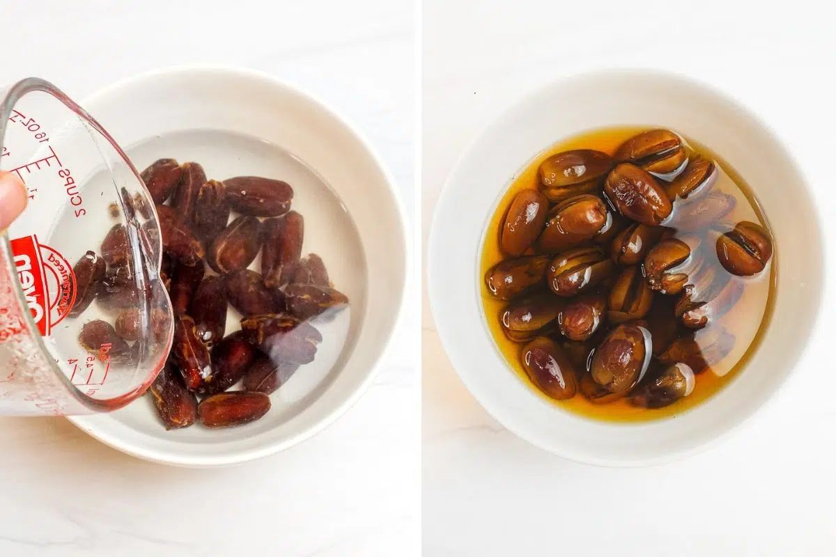 two photo collage showing dates getting a quick soak