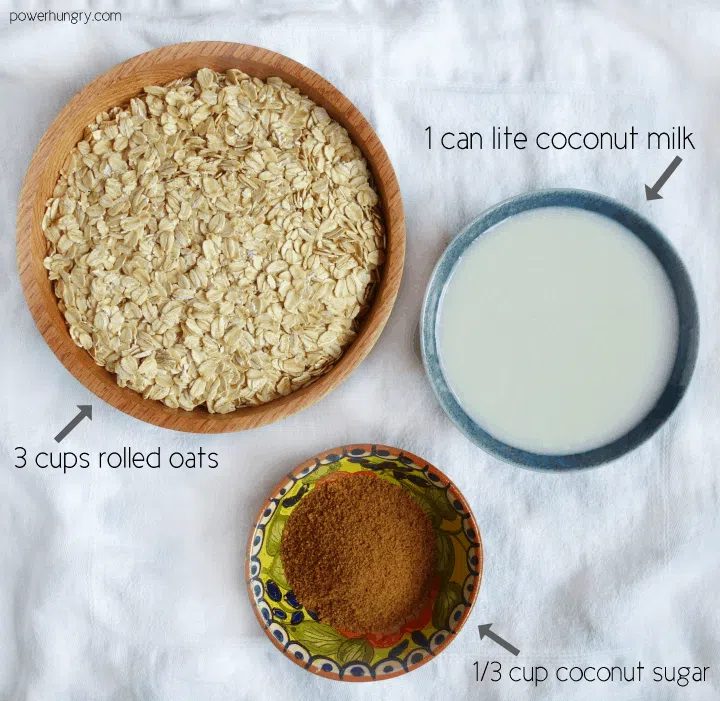 ingredients for 3-Ingredient Coconut Baked Oatmeal Squares on a white napkin