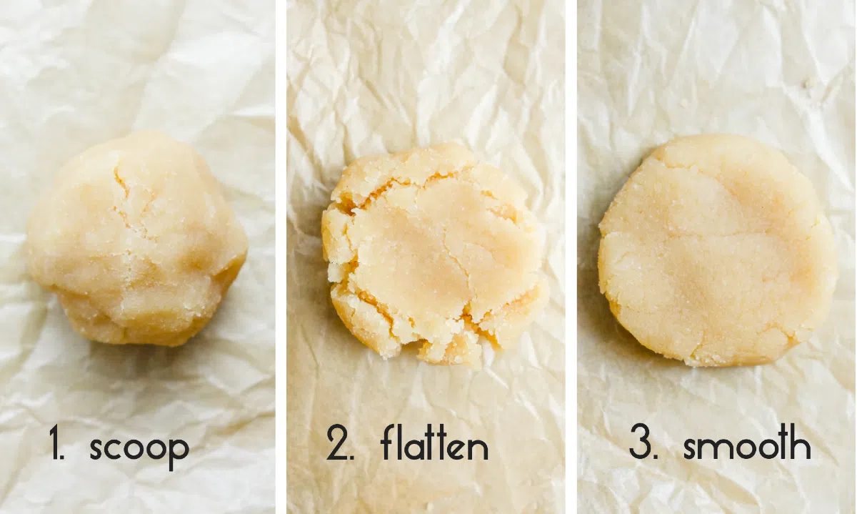 3 photo collage showing how to scoop and flatten the coconut flour shortbread dough