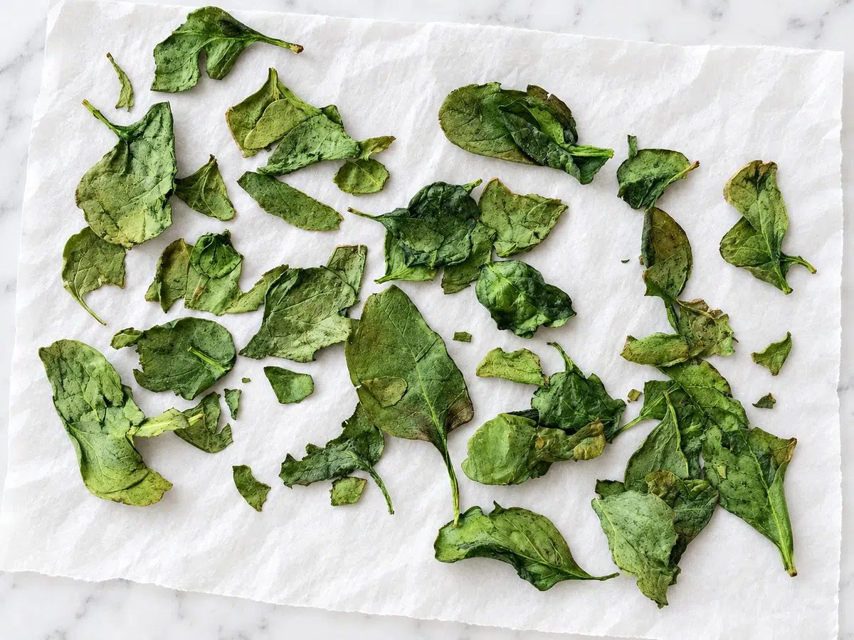 oven dried spinach leaves on white parchment paper