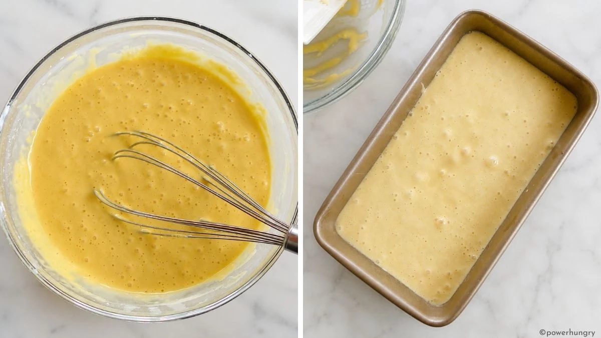 2 photo collage showing chickpea flour bread batter in a bowl and in a pan