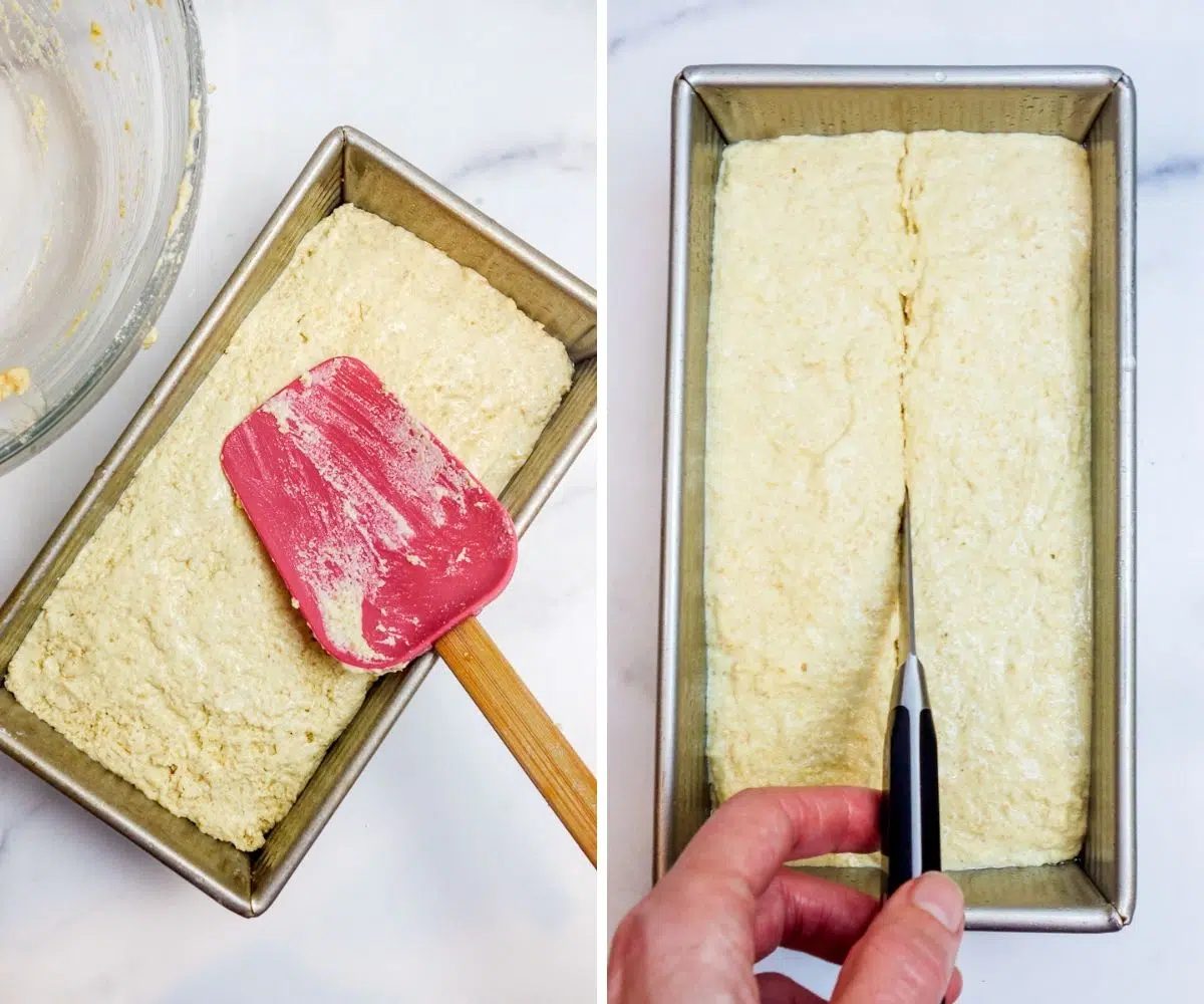 2 photo collage showing batter being transferred to pan and then slashed