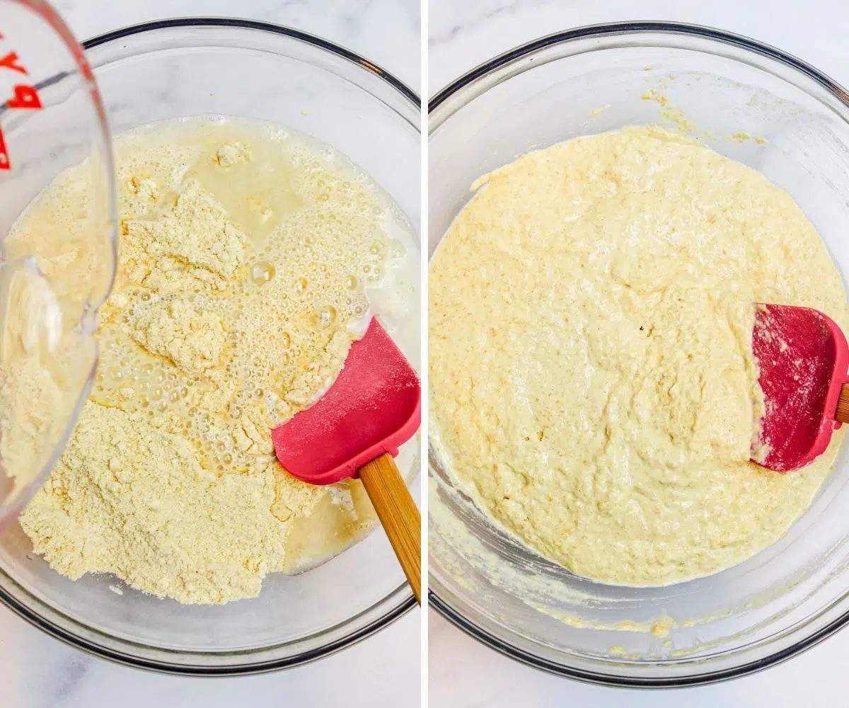 2 photo collage of water being added to dough for millet flax bread