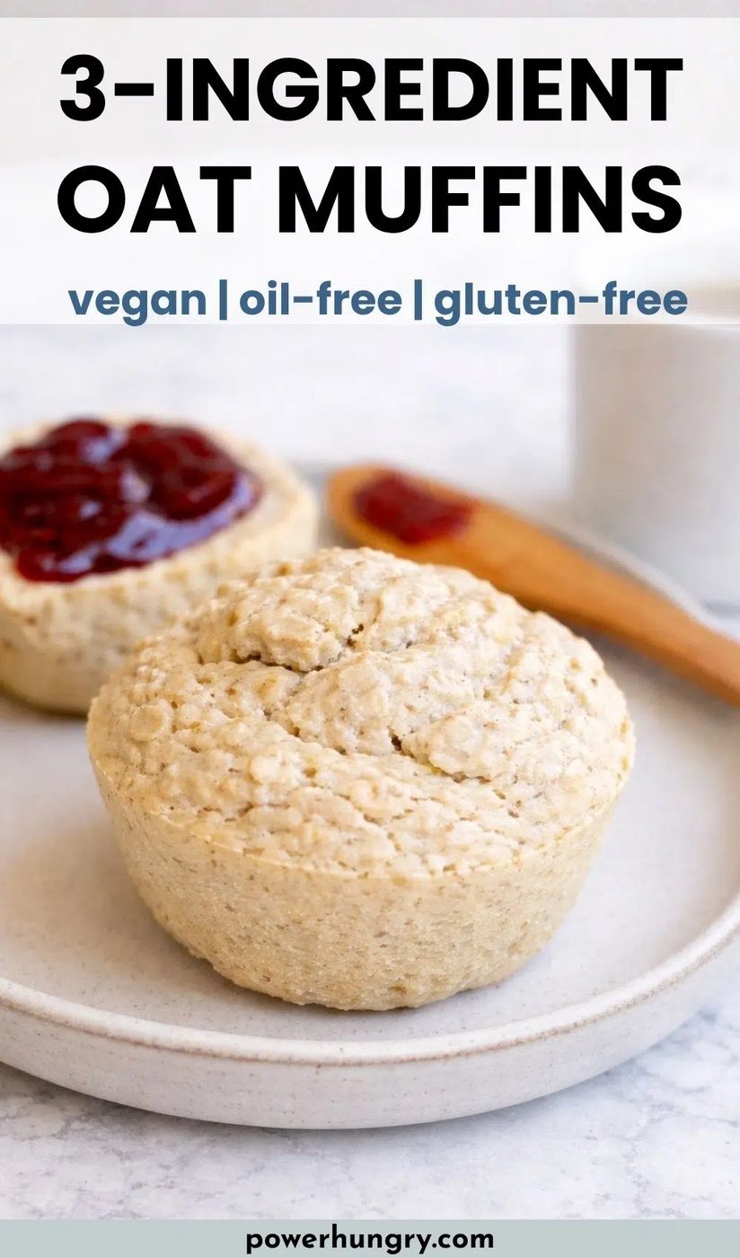 3-ingredient oat muffins on a plate, one spread with jam