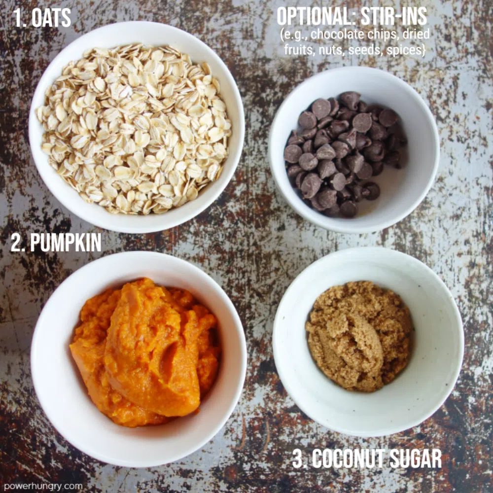 ingredients for the pumpkin cookies, all in white bowls