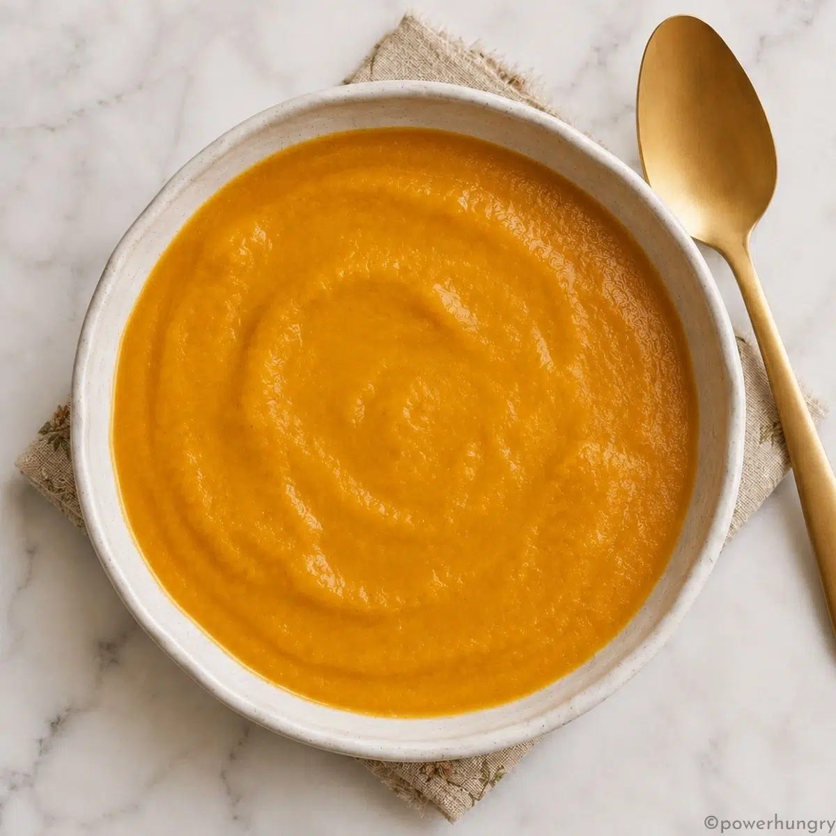 overhead shot of a single stoneware bowl full of roasted carrot soup