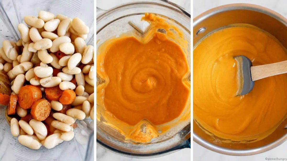 three photo collage showing how to puree roasted carrot soup in a blender
