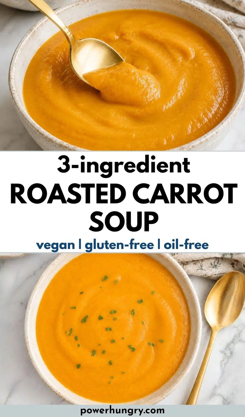 collage of 2 photos showing a bowl of roasted carrot soup