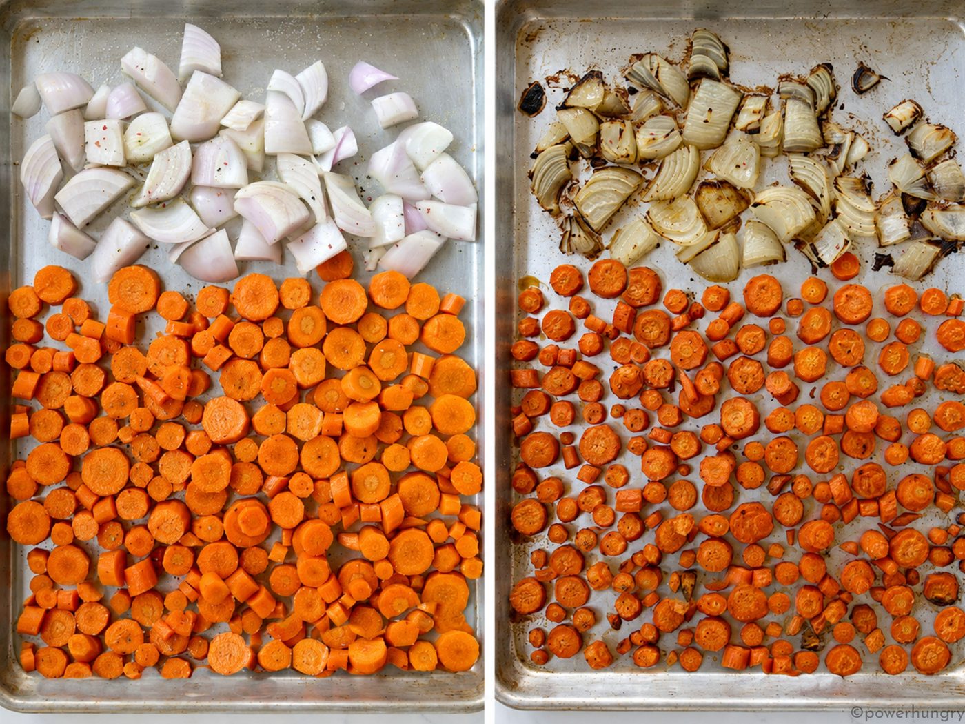 roasted carrots and onion, before and after