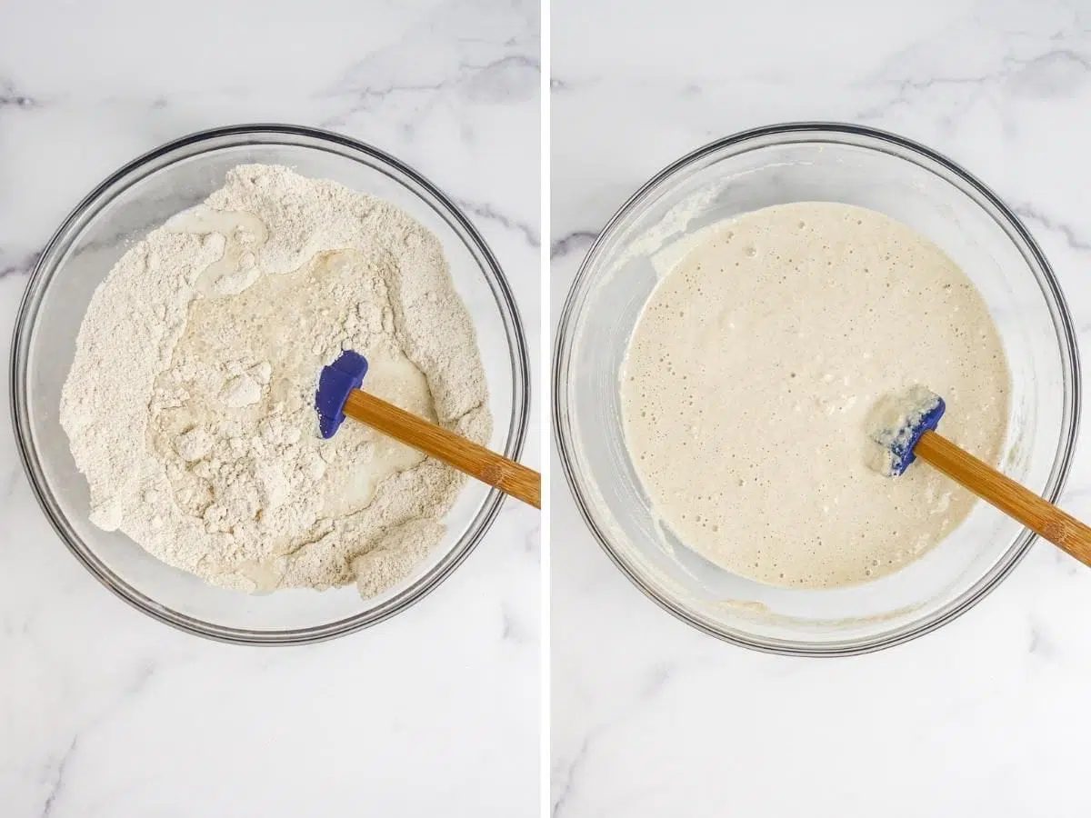 2 photo collage showing wet and dry ingredients for oat bread getting mixed together