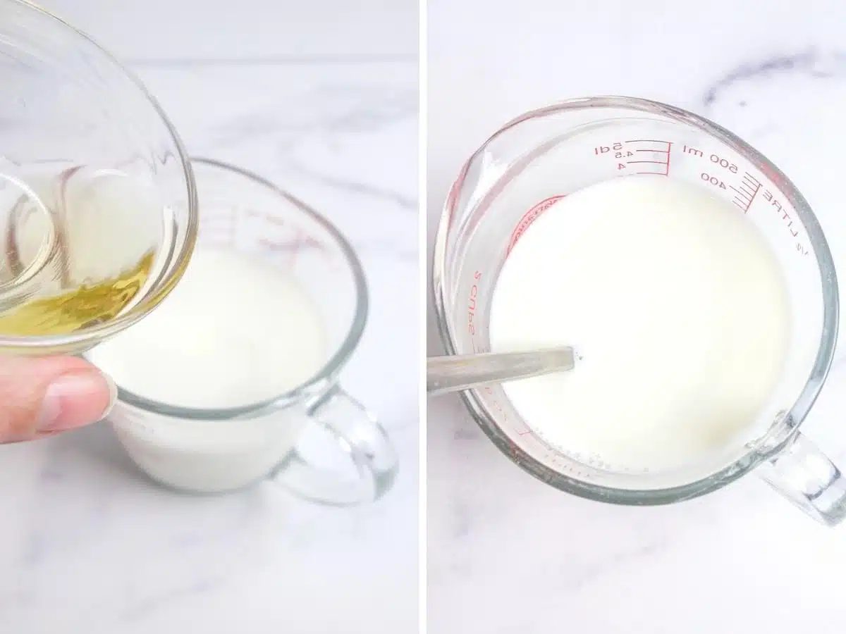 two photo collage showing the making of curdled milk