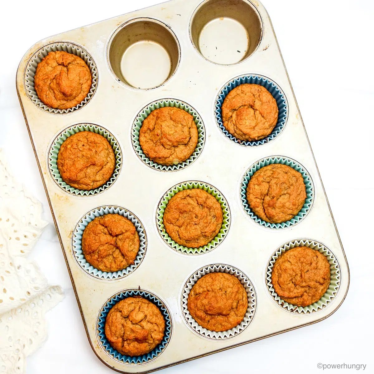 baked vegan muffins in a silver muffin tin