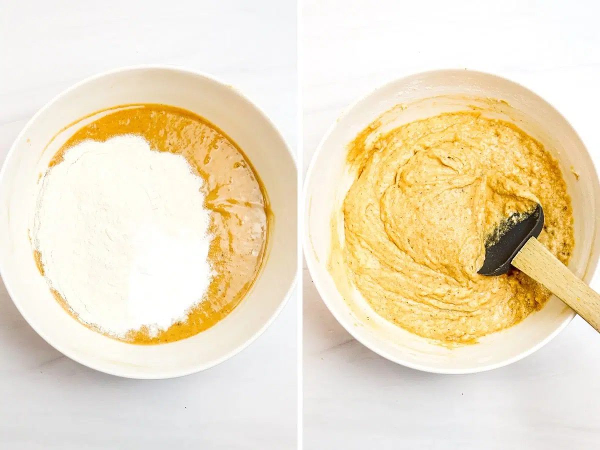 two photo collage showing dry ingredients added to white bowl of wet ingredients
