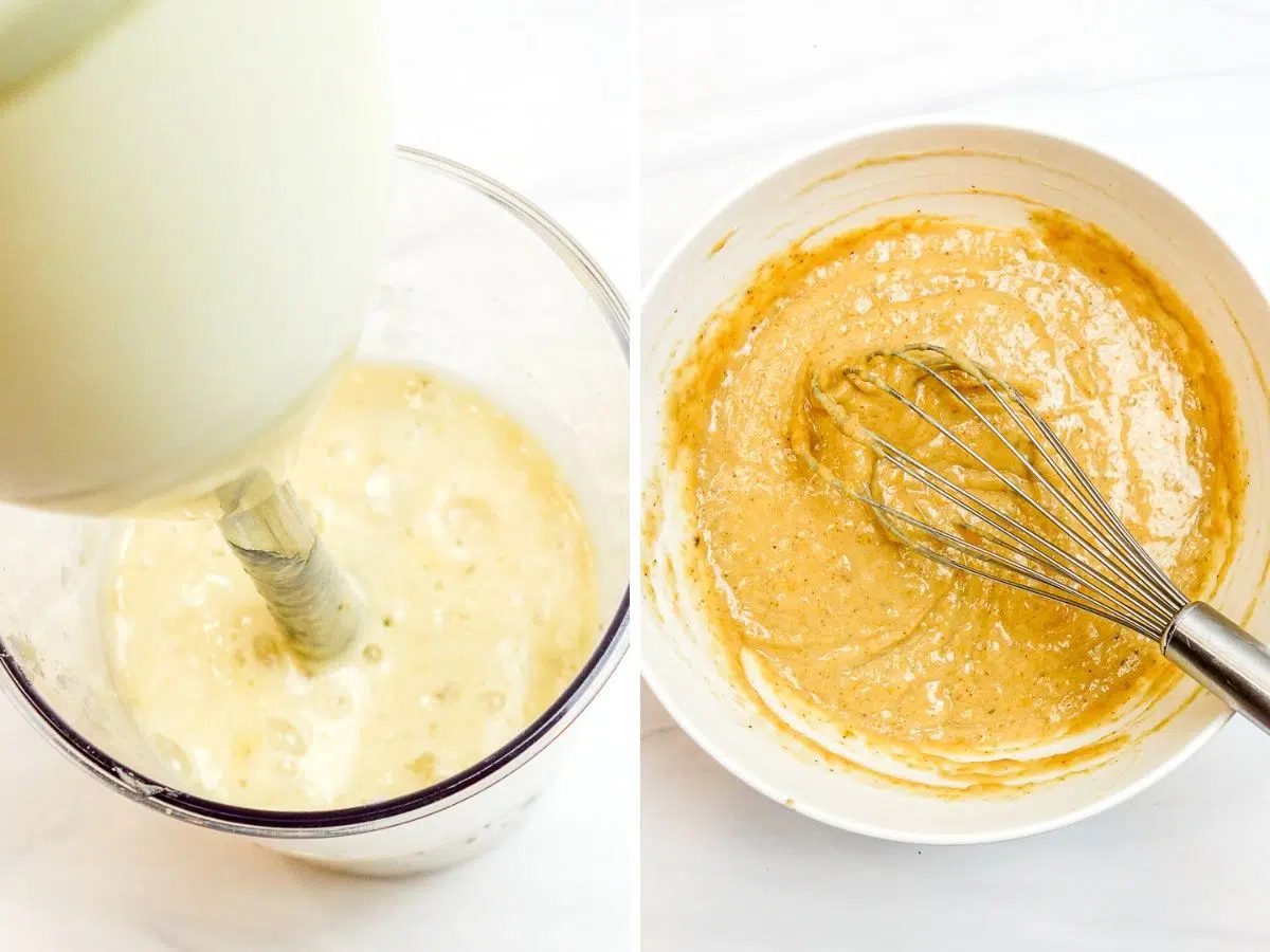 2 photo collage showing the blending of wet ingredients