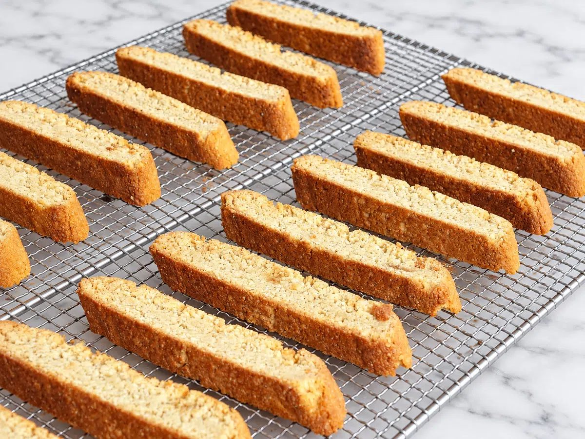 vegan almond flour biscotti on a cooling rack