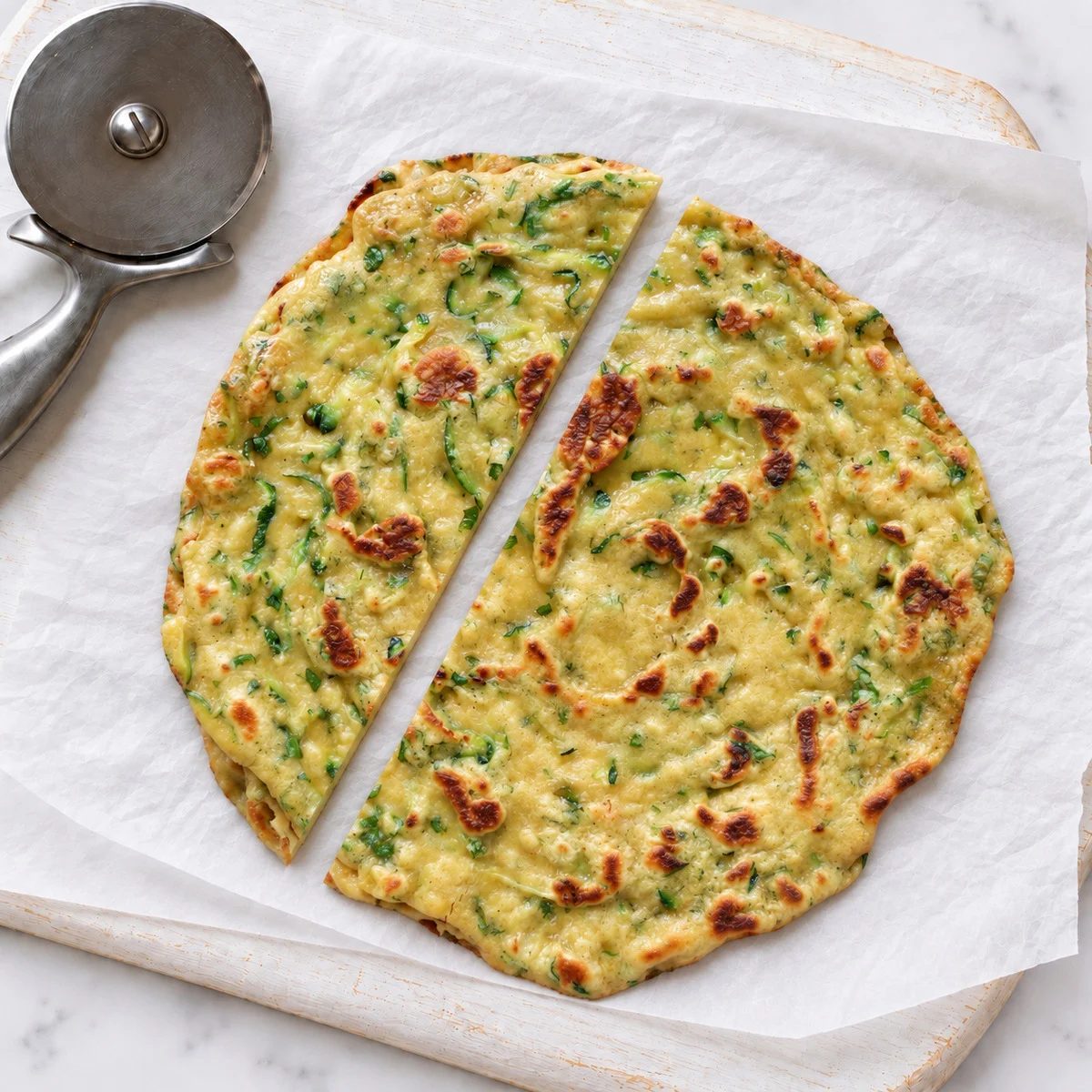 zucchini flatbread recipe made with chickpea flour on a cutting board