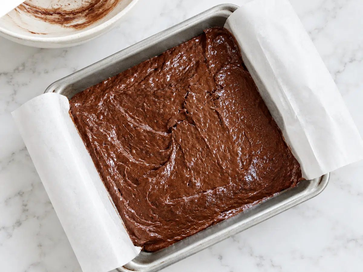 5-ingredient banana brownies batter in a baking pan