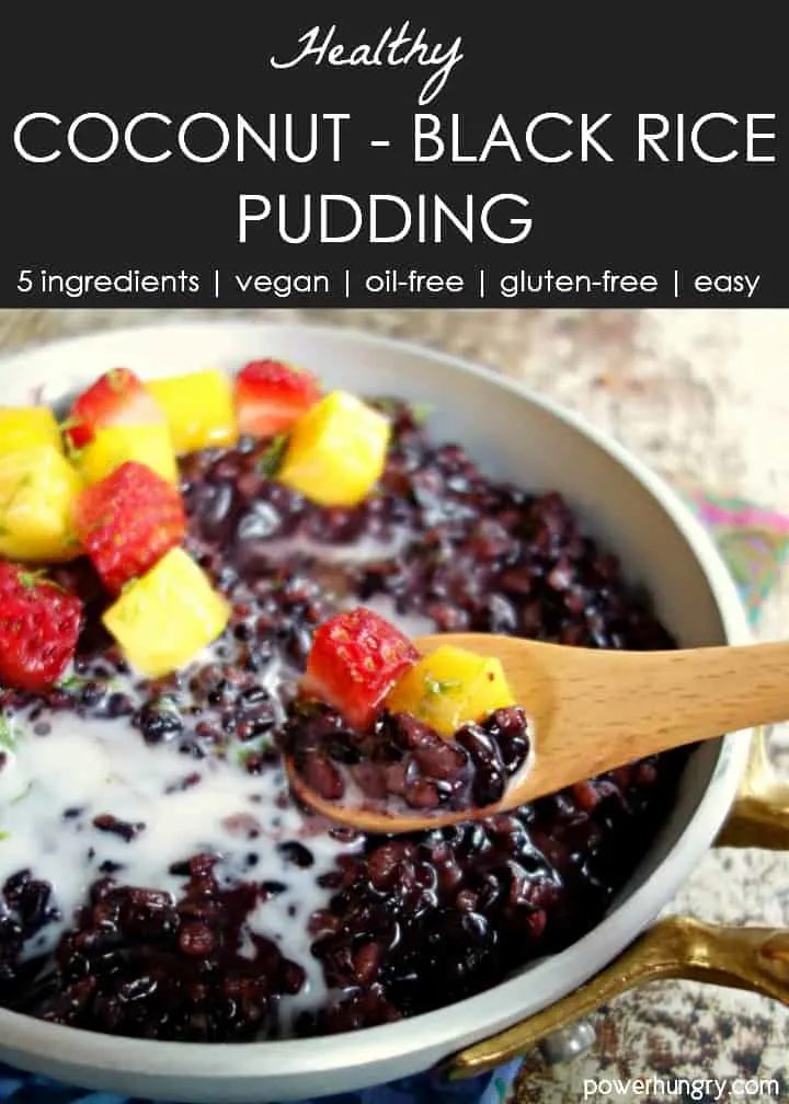 coconut black rice pudding ina a dish, drizzled with coconut milk and topped with fruit and lime zest
