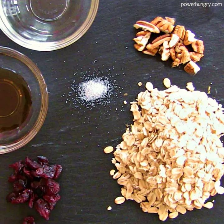 ingredients for microwave granola on a piece of slate