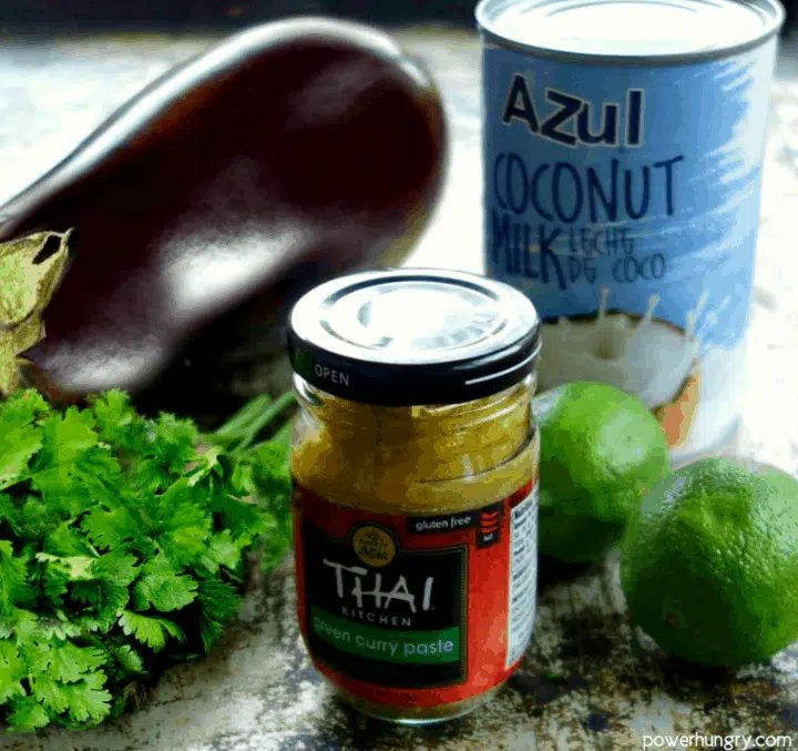 The 5 ingredients for Thai eggplant dip on a baking sheet
