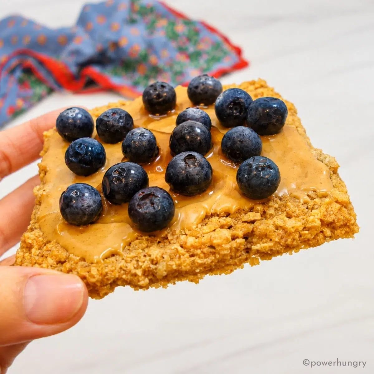 high protein bread slice with peanut butter and blueberries