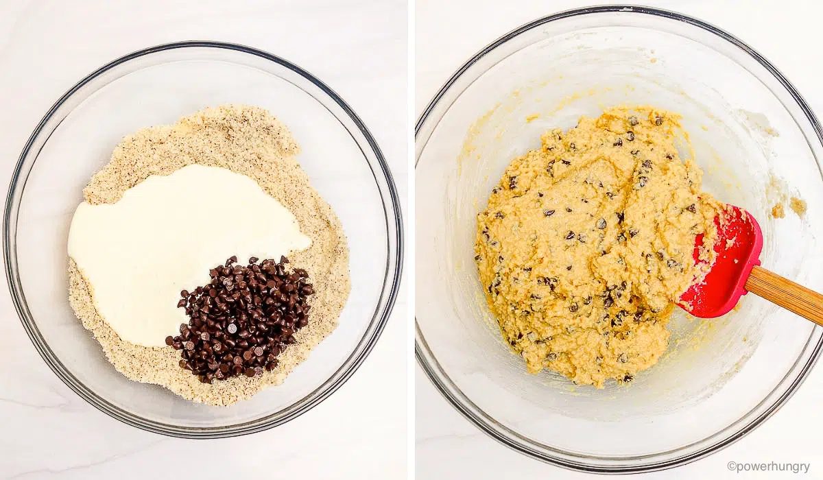 two photo collage showing how to make almond flour protein cookies dough