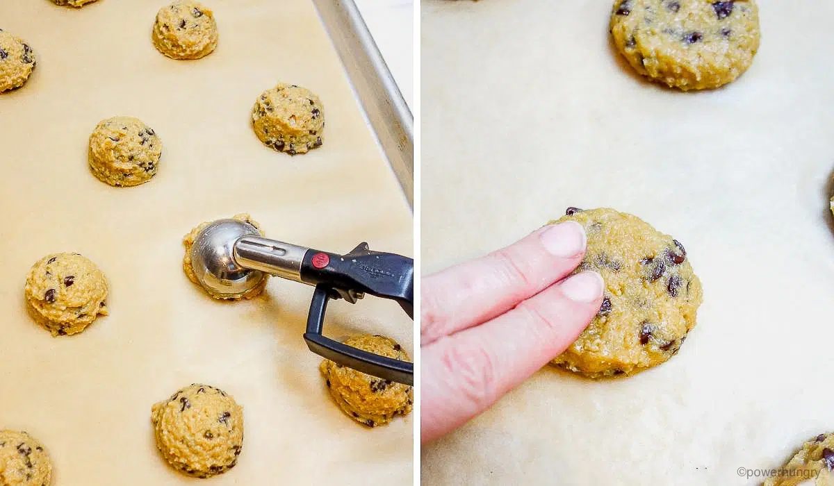 two photo collage showing the portioning of protein cookie dough