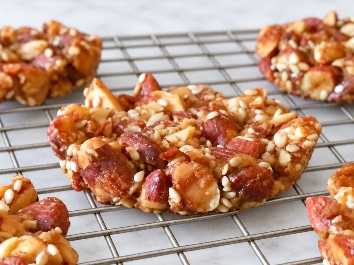 close-up of almond sesame clusters on a rack