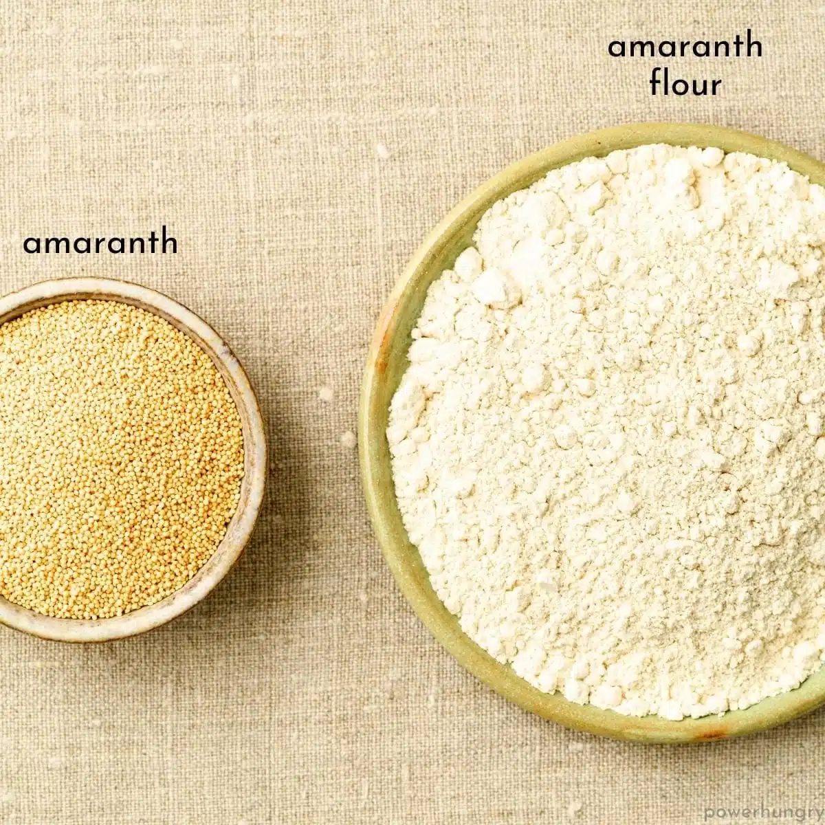 overhead phot of two bowls, one filled with amaranth grain and the other with amaranth flour