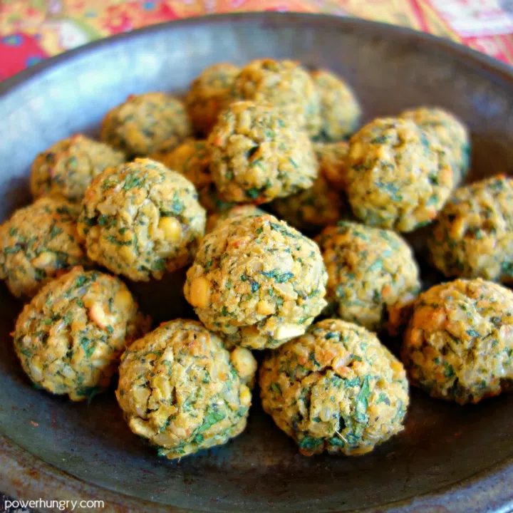 pie tin flled with baked split pea meatballs