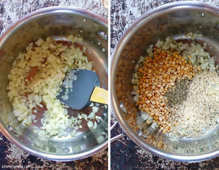 collage of two photosfor the prep of pea meatballs, one with sautéed onions