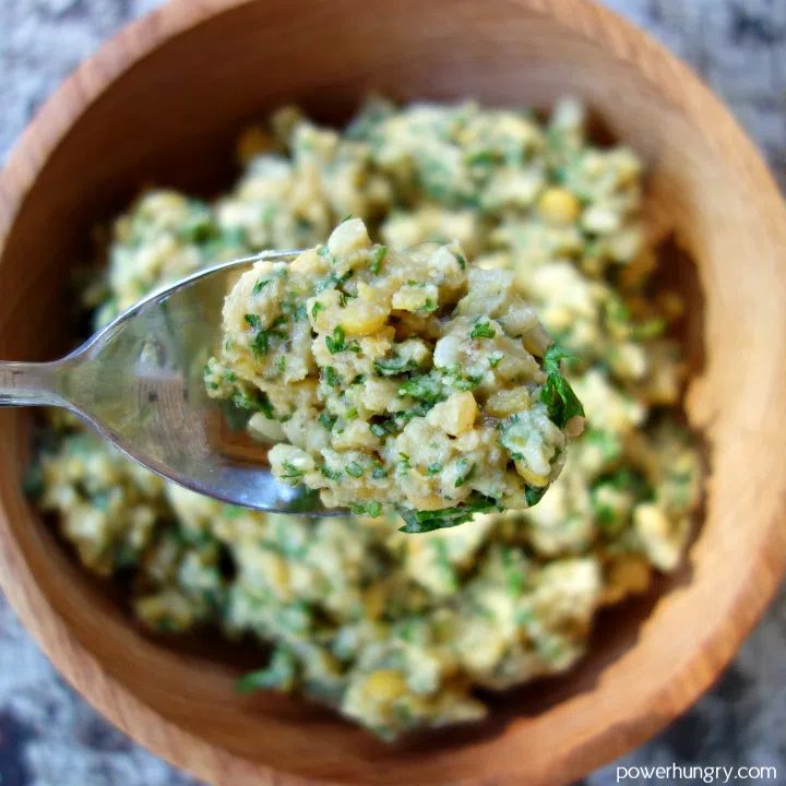 wooden bowl with split pea meatball mixture